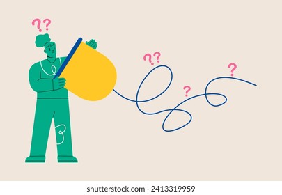 Mujer tratando de comunicarse con la vieja tecnología. Mala comunicación, tin puede el concepto de comunicación. Ilustración vectorial colorida
