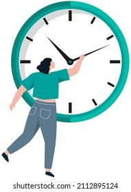 Mujer intentando retrasar el plazo. Planificación, puntualidad, gestión del tiempo. Personaje femenino mirando el reloj. La dama sostiene la flecha para llegar a tiempo. Empresaria puntual, ilustración de vector de trabajo por hora