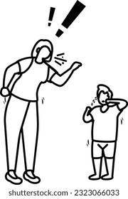 Woman trying to discipline young girl vector outline icon design, Mood and feeling symbol, Emotional Character sign, Social issue scene stock illustration Angry mother screaming at naughty son concept