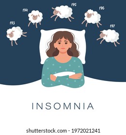 Woman trying to fall asleep counting sheep. Insomnia cause of mental problems, insomniac ideas. Vector illustration in flat style