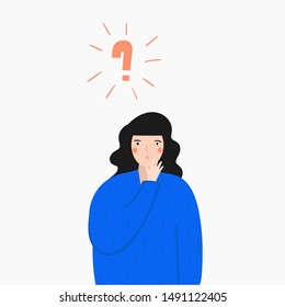 Woman trying to find decision for a problem. Concept illustration with lady that looking for an idea