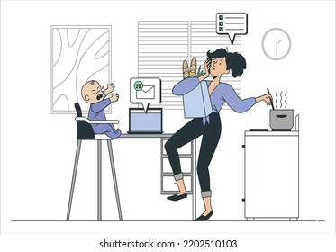 Mujer probando comida mientras cocina y sosteniendo una bolsa de comida en su mano. Mamá multitarea. Trabajar en licencia de maternidad con un bebé. Equilibrio de vida laboral. ilustración vectorial de estilo plano. ¡Feliz Día de la Madre!