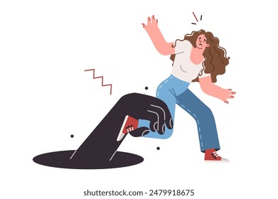 Woman trying to get out of comfort zone, breaking free from hand of monster that is dragging into abyss. Concept of importance of expanding your comfort zone to achieve success and progress in life