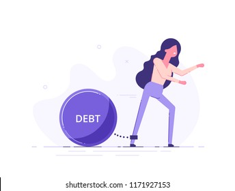 A woman trying to go with a huge weight of debt chained to his leg. Credit slavery concept. Flat style vector illustration.