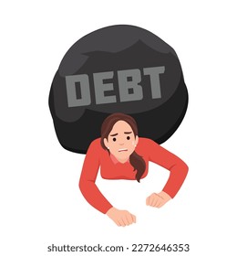 A woman trying to go with a huge weight of debt on her shoulder. Woman crushed by debt. Credit slavery concept. Flat vector illustration isolated on white background