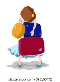 Woman, trying to hold all her luggage, and hidden behind it. Funny travel illustration.