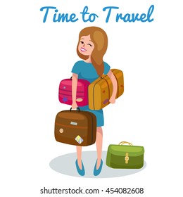 Woman  trying to hold all her suitcases.travel  vector  illustration. travel bag.