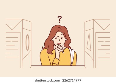 Woman is trying to make choice between two similar products with different brand placed on store shelves. Concept difficulty in user choice due to lack product information or bad marketing for brand 