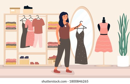 Woman trying on clothes in a clothing store or boutique, colored shopping,vector illustration