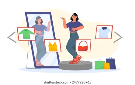 Woman trying on clothes. Young girl tries on clothes in front of mirror. Style and fashion, aesthetics and elegance. Shoppaholic in shopping mall, boutique. Cartoon flat vector illustration