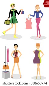 Woman trying on dress. Shopping fitting room. Vector