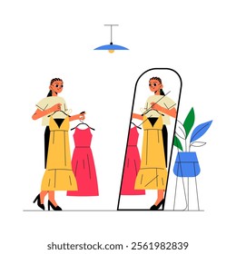 Woman Trying On Dresses In Front Of A Mirror In Flat Vector Illustration Symbolizing Fashion Choices, Personal Style, And Dressing Inspiration, Isolated On White Background