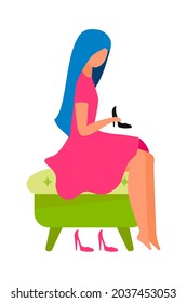 Woman trying on high-heeled shoes semi flat color vector character. Full body person on white. Visit to fashion boutique isolated modern cartoon style illustration for graphic design and animation