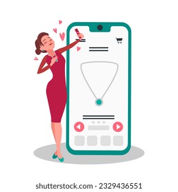 Mujer intentando collar y tomarse selfie. Compras a través de aplicaciones móviles. Comprar por Internet. Elegir productos en línea. Sector del entorno digital. Ilustración plana del vector