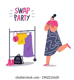 Woman trying on new clothes. Young social and eco responsible girl at fashion swap party. Idea of exchange your old wardrobe for new. Eco-friendly cloth exchange. Vector cartoon flat illustration.