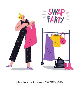 Woman Trying On New Clothes. Young Social And Eco Responsible Girl At Fashion Swap Party. Idea Of Exchange Your Old Wardrobe For New. Eco-friendly Cloth Exchange. Vector Cartoon Flat Illustration.