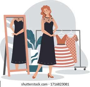 Woman trying on new dress in fashion store fitting room, beautiful girl looking in mirror, vector illustration. Happy female cartoon character in elegant clothes, choosing evening outfit appearance