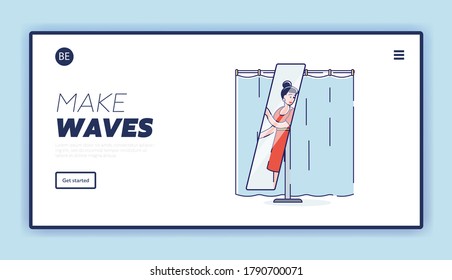Woman trying on new dress look in mirror in fitting room of fashionable boutique. Landing page template with cartoon female on shopping choosing new apparel. Linear vector illustration