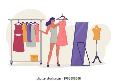 Woman is trying on a new dress in the store. Shopping concept. Girl standing near mirror and rack with hangers. Vector illustration