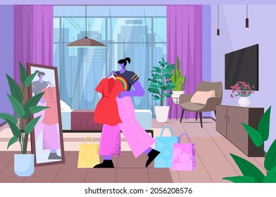 woman trying on new dress gay lesbian transgender love concept living room interior