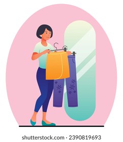 Woman trying on outfit next to mirror
