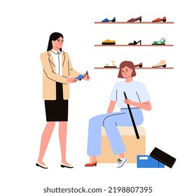 Woman trying on a pair of shoes in the boutique. Shop assistant and a customer in the shoe store. Shopping concept. Flat vector illustration.