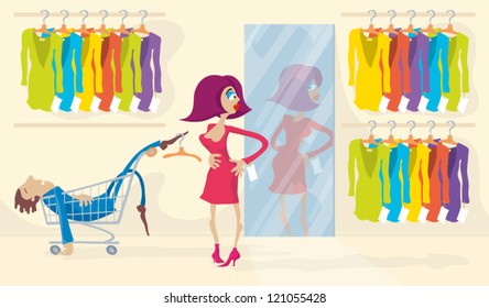 Woman trying on red dress for very long time, looking to mirror, standing in clothes store. Man bored and fell asleep. Transparency are used in reflections and shadows on the mirror.