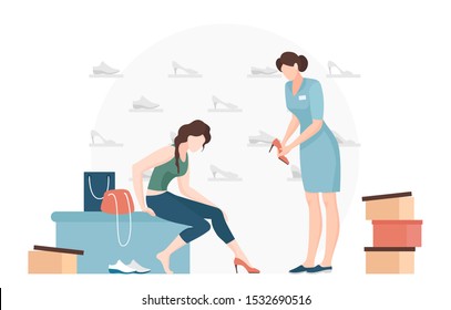 Woman trying on shoes flat vector illustration. Young shopper and seller consultant cartoon characters. Fashion boutique worker helping buyer choose footwear. Customer service, consumerism