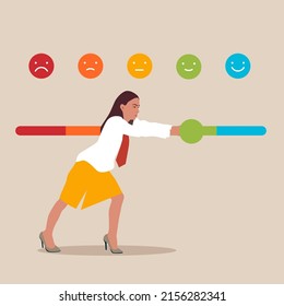 Mujer tratando de presionar la barra de comentarios de los clientes para ser una excelente sonrisa. Valoración de comentarios de clientes basada en la experiencia o calidad de productos y servicios, encuesta, opinión y revisión para evaluar los resultados