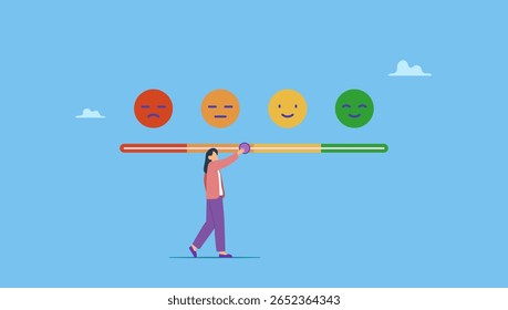 Una mujer tratando de empujar la barra de Comentarios para ser una excelente sonrisa. Comentarios del Cliente, dando calificación basada en la experiencia o calidad del producto y servicio, Encuesta, opinión y revisión para evaluar.