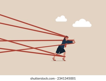 Mujer tratando de huir con esfuerzo. Negocios en dificultades. Ilustración del vector