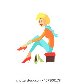 Woman Trying Shoes Flat Isolated Vector Illustration in Cartoon Geometric Style On White Background