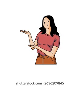 woman is trying to show something with both hands
