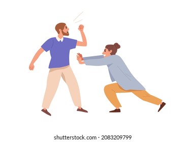 Woman trying to stop aggression and abuse of man. Brave resistant female defending and protecting against angry aggressive person and violence. Flat vector illustration isolated on white background