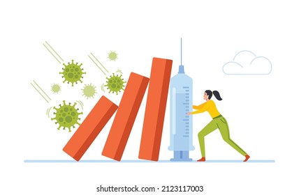 Woman Trying to Stop Collapsing Fall Down Bar Graph From Covid-19 Pathogen Cells and Vaccine Syringe. Coronavirus Crash due to Outbreak, Businesswoman Character. Cartoon People Vector Illustration