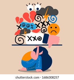 A woman is trying to withstand onslaught of profanity and sexual harassment. Cyberbullying illustration.
