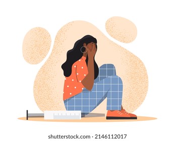 Woman with trypanophobia. Girl afraid of injections and vaccines. Character covers face with hands, fear and panic. Mental health and psychological problems. Cartoon flat vector illustration