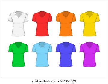 Woman T-shirt Set Empty Color Rainbow Cotton Clothing Front View. Classic Garment Vector illustration