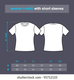 Woman t-shirt with short sleeves. Table sizes shirt. Vector illustration.