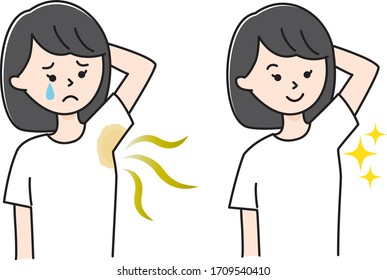 A woman in a T-shirt suffering from axillary odor and body odor