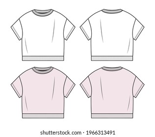 Woman Tshirt In Vector Graphic. Oversize Crop Tshirt With Short Sleeves, Crew Neck And Rib.Fashion Isolated Illustration Template.Scheme Front And Back Views.