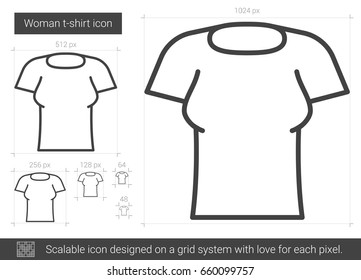 Woman t-shirt vector line icon isolated on white background. Woman t-shirt line icon for infographic, website or app. Scalable icon designed on a grid system.