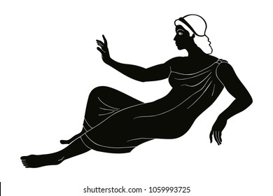 The woman is in the tunic. Ancient Greek drawing isolated on white background.
