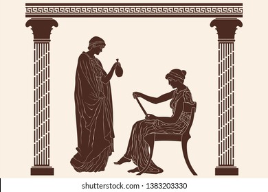 A woman in a tunic with a jug is standing in front of a sitting woman with papyrus. Vector image in ancient greek style.