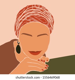 Woman in the turban and big earrings in Minimal Style. Abstract Contemporary collage in a modern trendy style. Vector Portrait of a female. For Beauty Concept, t-Shirt, card, poster, social media post