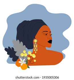 A woman in a turban. Feminine beauty, wellness, feminine concept. Fashionable drawing of a woman with a beautiful tanned face and oranges, flowers, berries. Vector graphics.