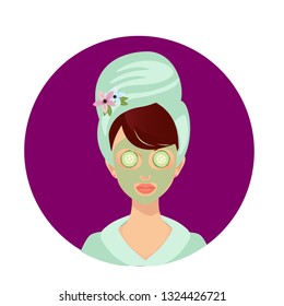 Woman in Turban Towel on Head and Fresh Cucumber Mask on Her Eyes inside of Round Burgundy Color Icon Isolated on White Background. Spa Beauty and Health Procedure. Cartoon Flat Vector Illustration