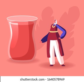 Woman in Turkish Costume Stand at Huge Glass with Traditional Turkey Tea. National Oriental Cuisine, Drinks and Food Concept. Restaurant or Cafe Menu, Gourmet Choice. Cartoon Flat Vector Illustration