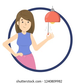 Woman Turn Off The Light On The Lamp. Saving Electric Energy In The Night. Switch Off The Light For Bedtime. Isolated Flat Vector Illustration