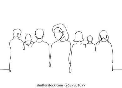 woman turned around and looks straight at camera, portrait without face - one line art vector. concept one person notices among crowd of people with their backs turned. Handmade vector not AI